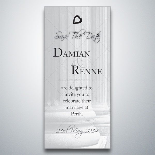 Formal save the date invitation featuring white columns