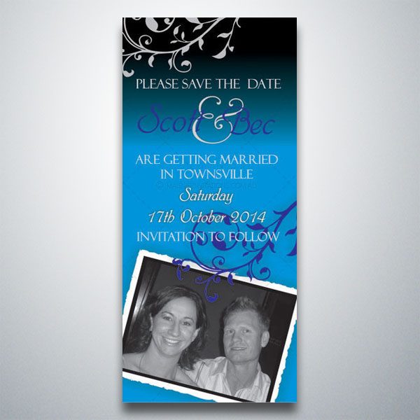 Gorgeous save the date invitation highlighted by a photo of the bride and groom with swirls