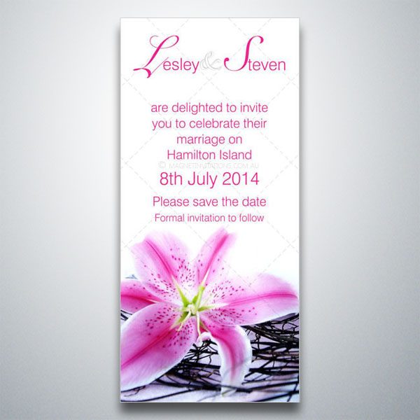 Stunning save the date invitation featuring a delicate pink flower on a white background