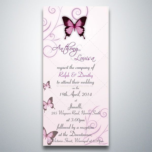 Lovely wedding invitation featuring pink butterflies and swirls on a pink background