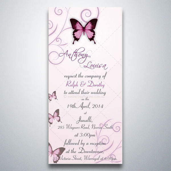 Lovely wedding invitation featuring pink butterflies and swirls on a pink background Lovely wedding invitation featuring pink butterflies and swirls on a pink background