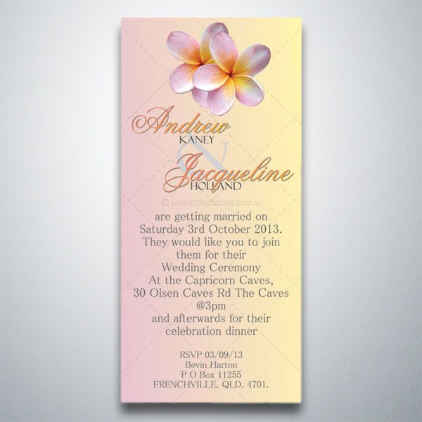 Gorgeous wedding invitation featuring a delicate pink frangipani on a pink and yellow background