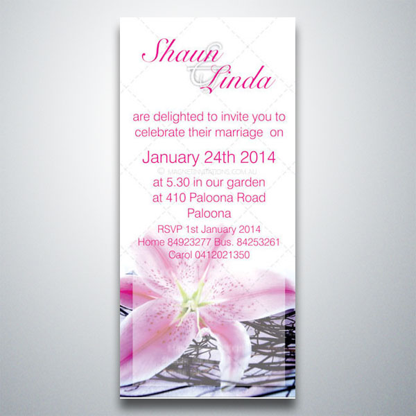 Stunning wedding invitation featuring a delicate pink flower on a white background