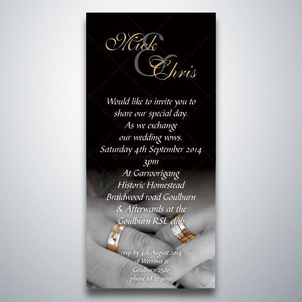 Stylish wedding invitation featuring a couple holding hands with wedding rings on their fingers