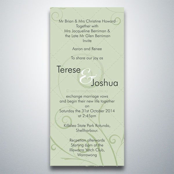Elegant wedding invitation featuring green swirls