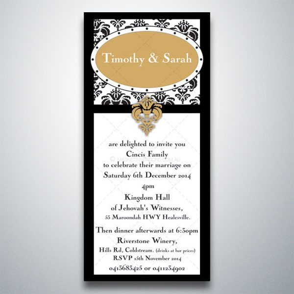 Black and white formal wedding invitation with a colour crest
