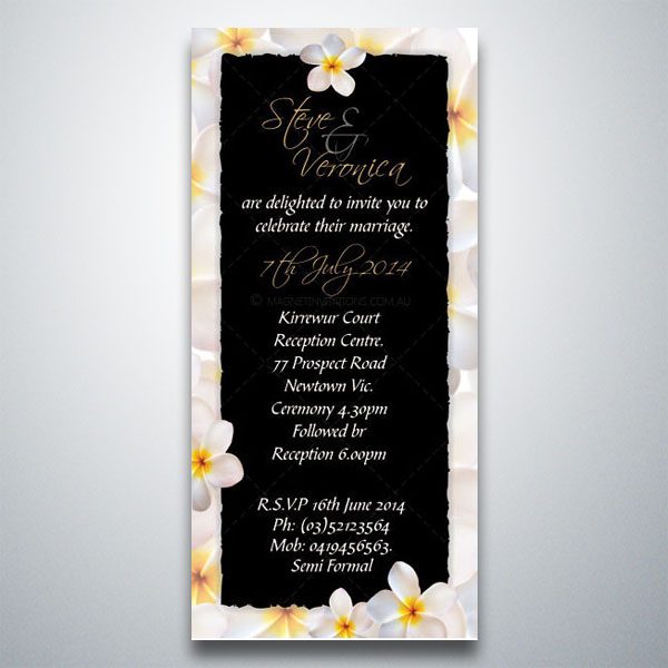 Stunning wedding invitation featuring a frangipani flower border with black background