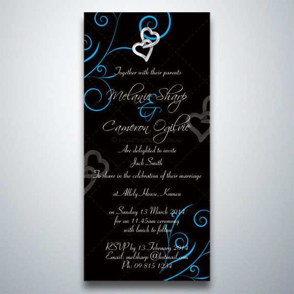 This wedding invitation features hearts and swirls on a black background