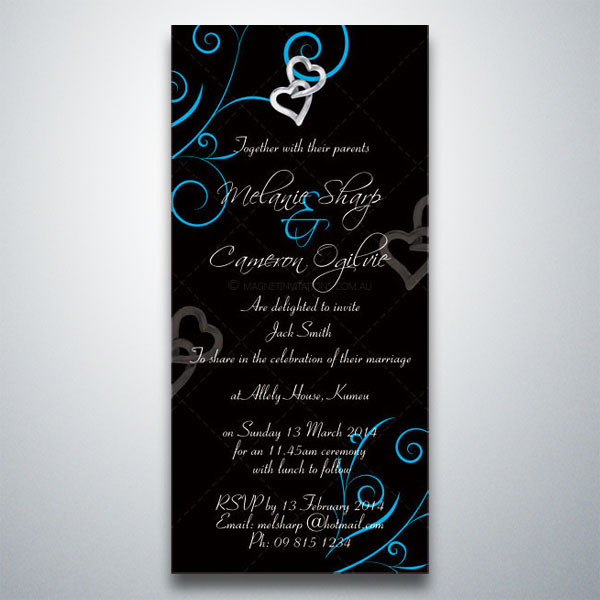 This wedding invitation features hearts and swirls on a black background This wedding invitation features hearts and swirls on a black background