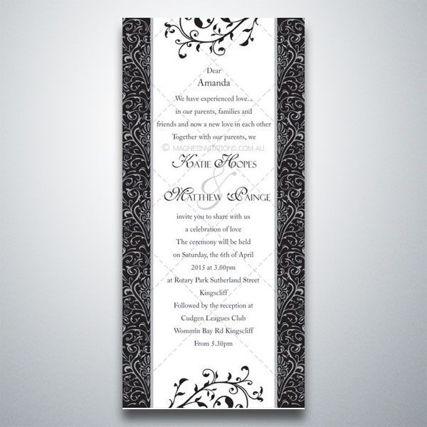 Formal black and white wedding invitation with floral design