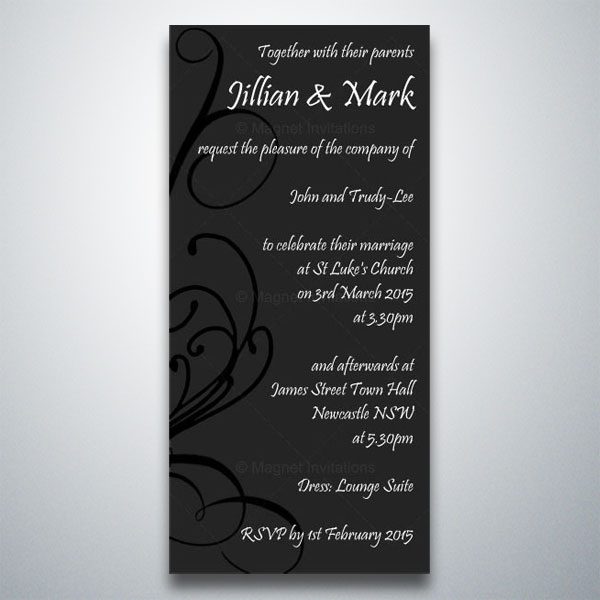 Striking charcoal coloured wedding invitation with swirls