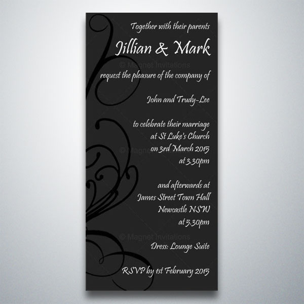 Striking charcoal coloured wedding invitation with swirls Striking charcoal coloured wedding invitation with swirls