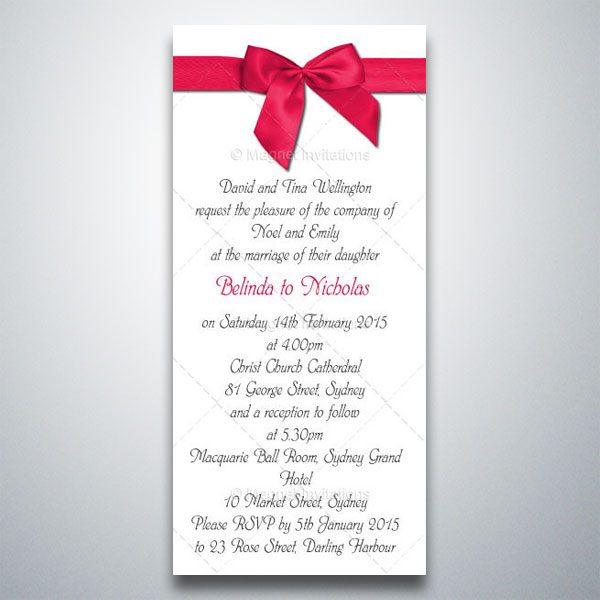 Gorgeous formal wedding invitation featuring a red ribbon on a white background