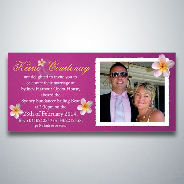 Stunning wedding invitation featuring frangipanis on a pink background and a photo of the bride and groom