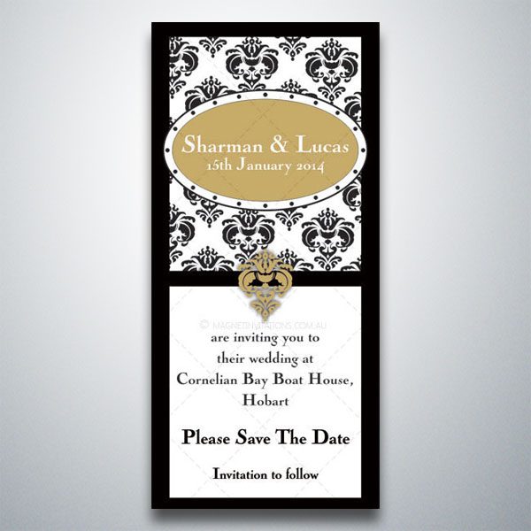 Formal black and white save the date invitation featuring a coloured crest
