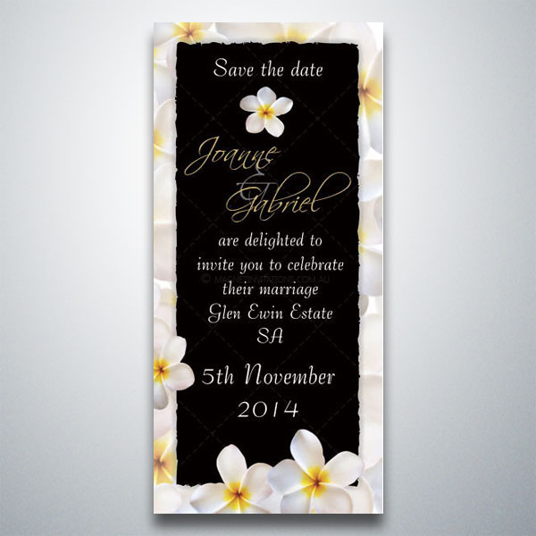 Stunning save the date invitation featuring a frangipani flower border with black background Stunning save the date invitation featuring a frangipani flower border with black background