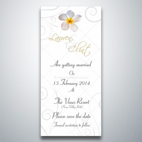 Lovely save the date invitation featuring a white frangipani and swirls