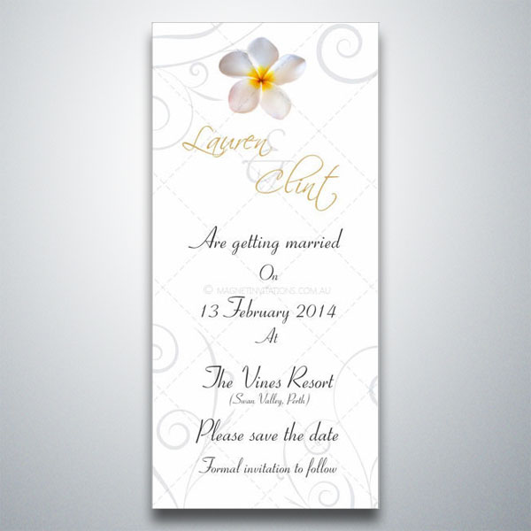 Lovely save the date invitation featuring a white frangipani and swirls Lovely save the date invitation featuring a white frangipani and swirls