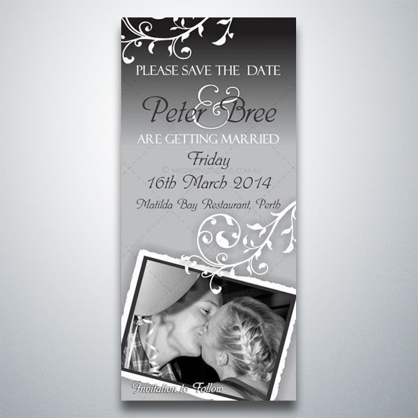 Gorgeous save the date invitation highlighted by a photo of the bride and groom with swirls in black and white