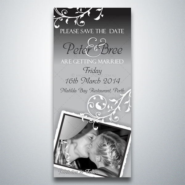 Gorgeous save the date invitation highlighted by a photo of the bride and groom with swirls in black and white Gorgeous save the date invitation highlighted by a photo of the bride and groom with swirls in black and white