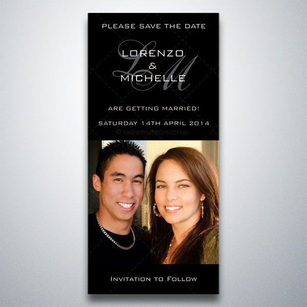 Gorgeous save the date invitation highlighted by a photo of the bride and groom on a black background