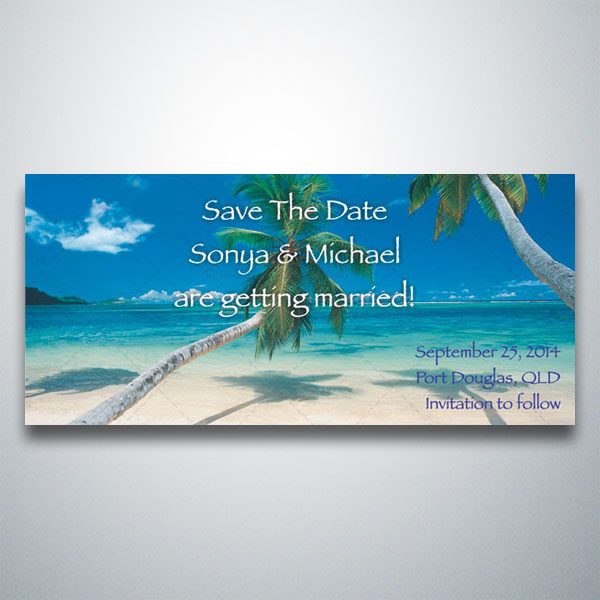 Summer themed save the date invitation featuring a beach scene