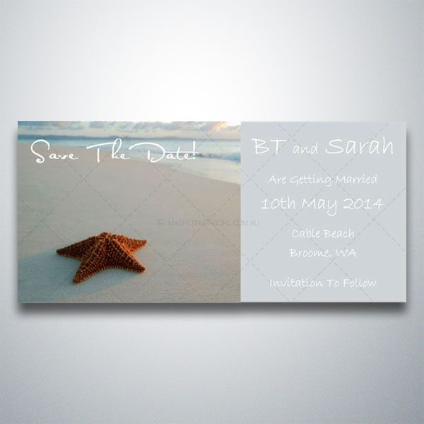 Seaside themed save the date invitation featuring a starfish on a beach