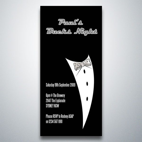 Formal bucks night invitation featuring a black and white tuxedo