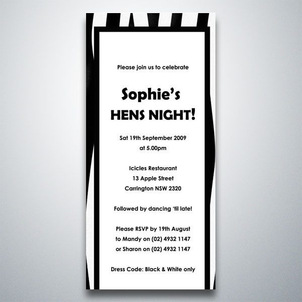 Formal hens night invitation featuring a black and white design