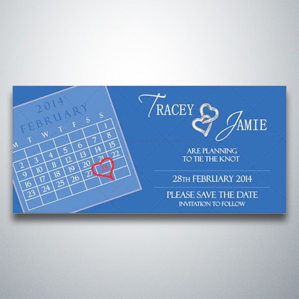 Stylish save the date invitation featuring a wedding date calendar with hearts