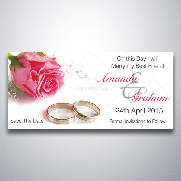 Elegant save the date invitation featuring a pink rose and wedding rings