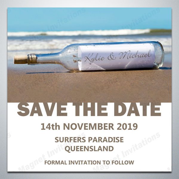 Message in a Bottle on a beach Save the Date magnet