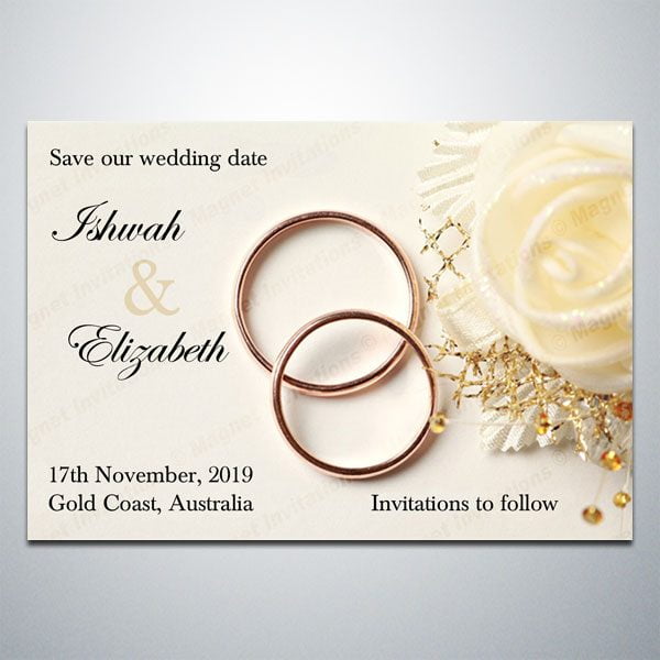 elegant Save the Date magnet with a White Rose and Wedding Rings