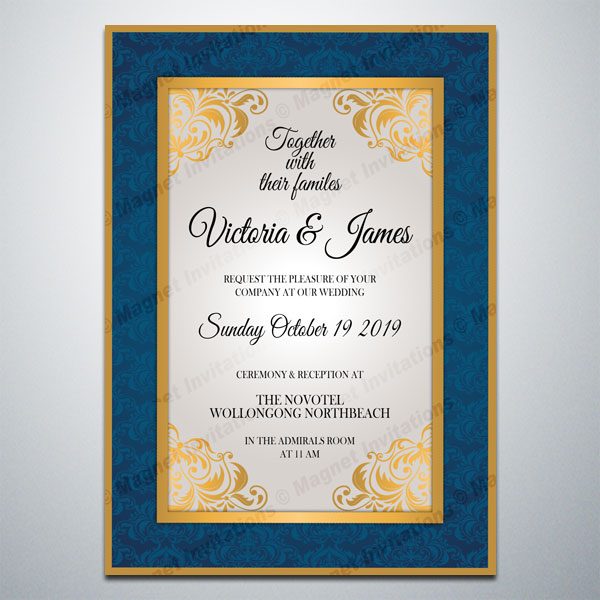 formal wedding invitation magnet featuring Gold Crest and Gold Trim