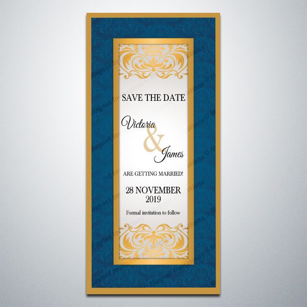 ormal Save the Date magnet featuring a gold crest and gold trim
