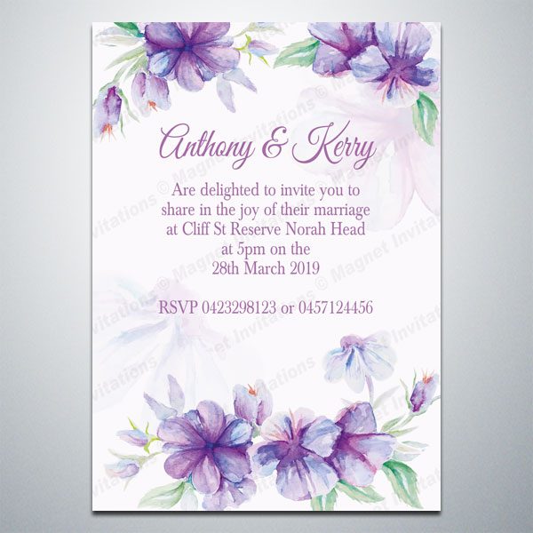 pretty wedding invitation magnet featuring Purple Flowers