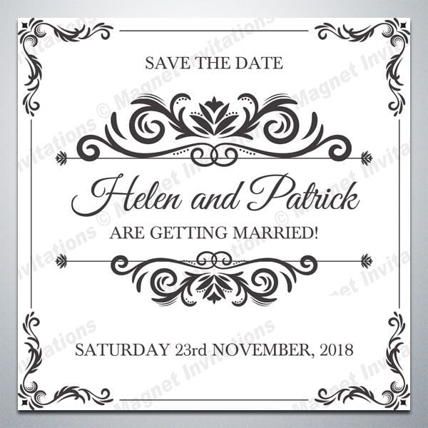 traditional Black and White Save the Date magnet with swirls